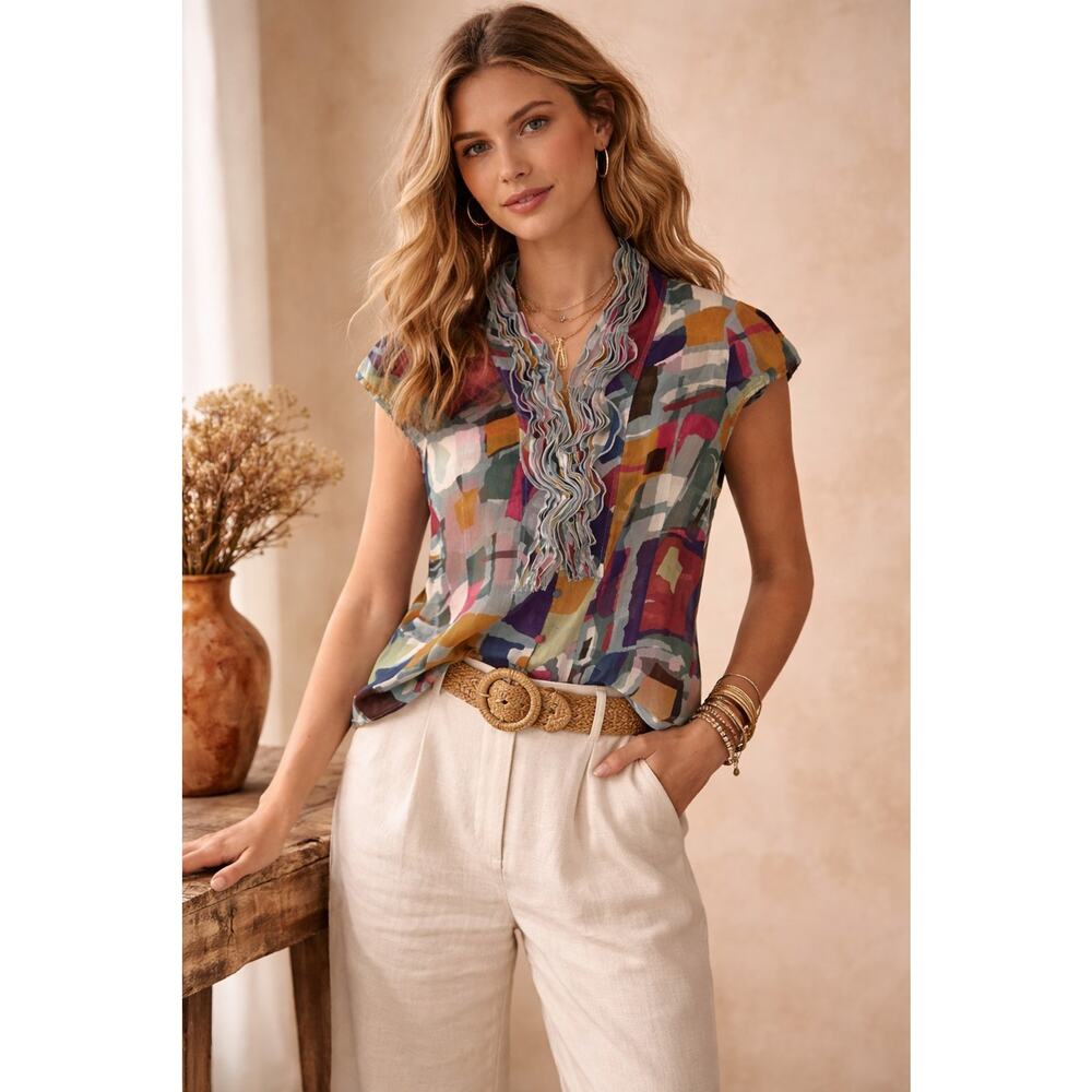 Lapis Womens Blouse Sheer Ruffled Pleated Boho Colorful Button Up Cap Sleeves XL
